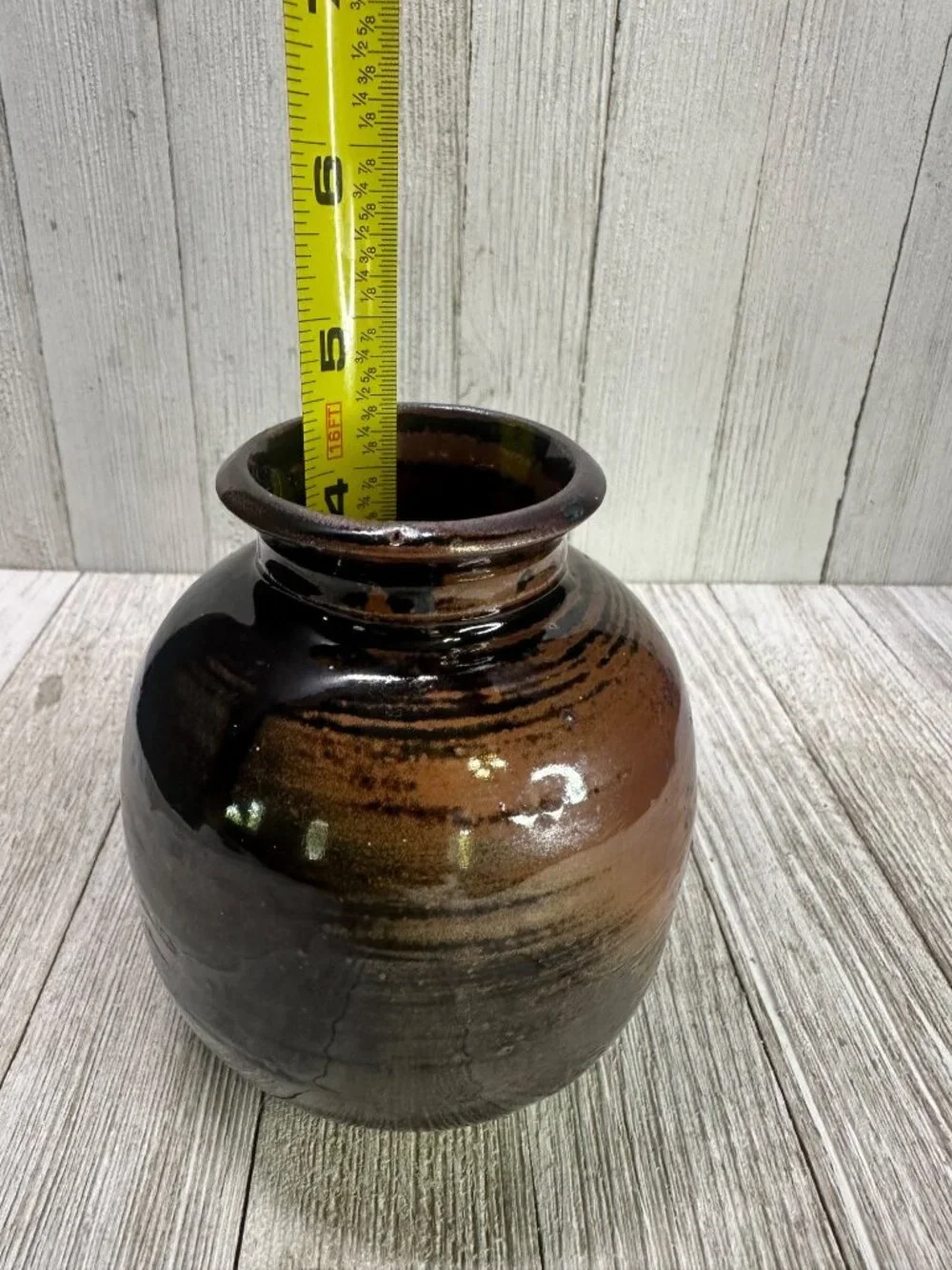 Vtg 4.5 inch Vase Stoneware Pottery Ceramic Dark Brown Galaxy Glaze MCM